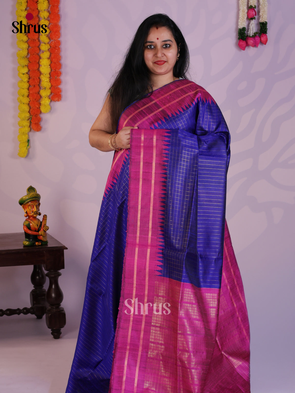 Vibrant Blue & Majenta Raw Silk Saree with zari checks - DLS30011 - Shop on Shrus.com