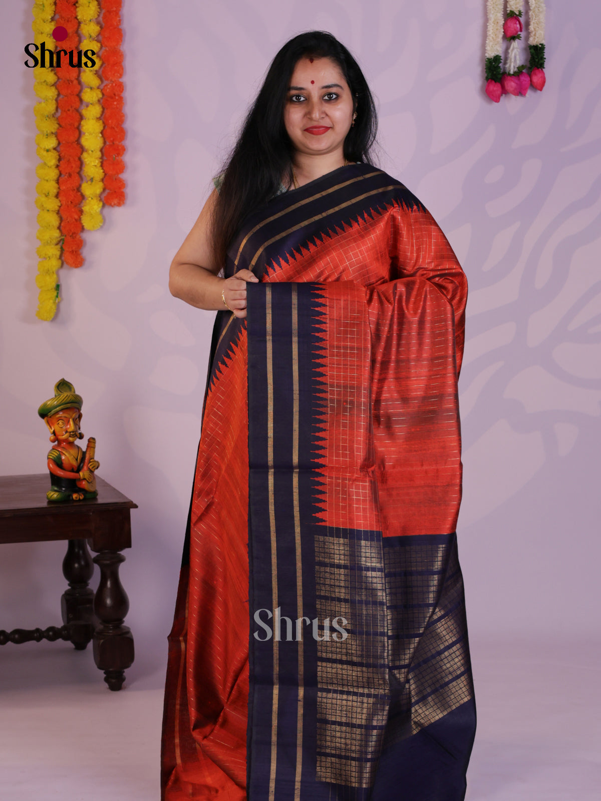 Radiant Rust & Blue Raw Silk Saree with zari checks -DLS30012