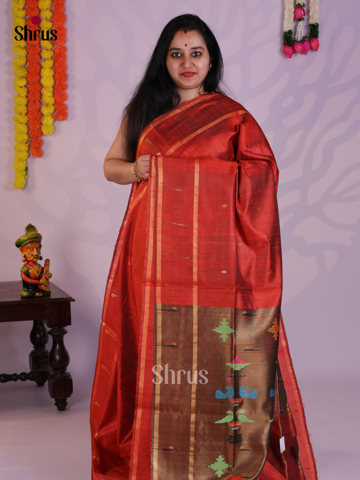 Bright Rust & Brown  Raw Silk Saree with contrast thread woven pallu - DLS30016 - Shop on Shrus.com