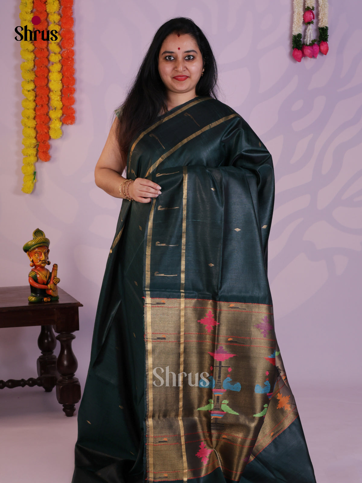 Peacock Green & Grey Raw Silk Saree with zari buttas - DLS30021 - Shop on Shrus.com