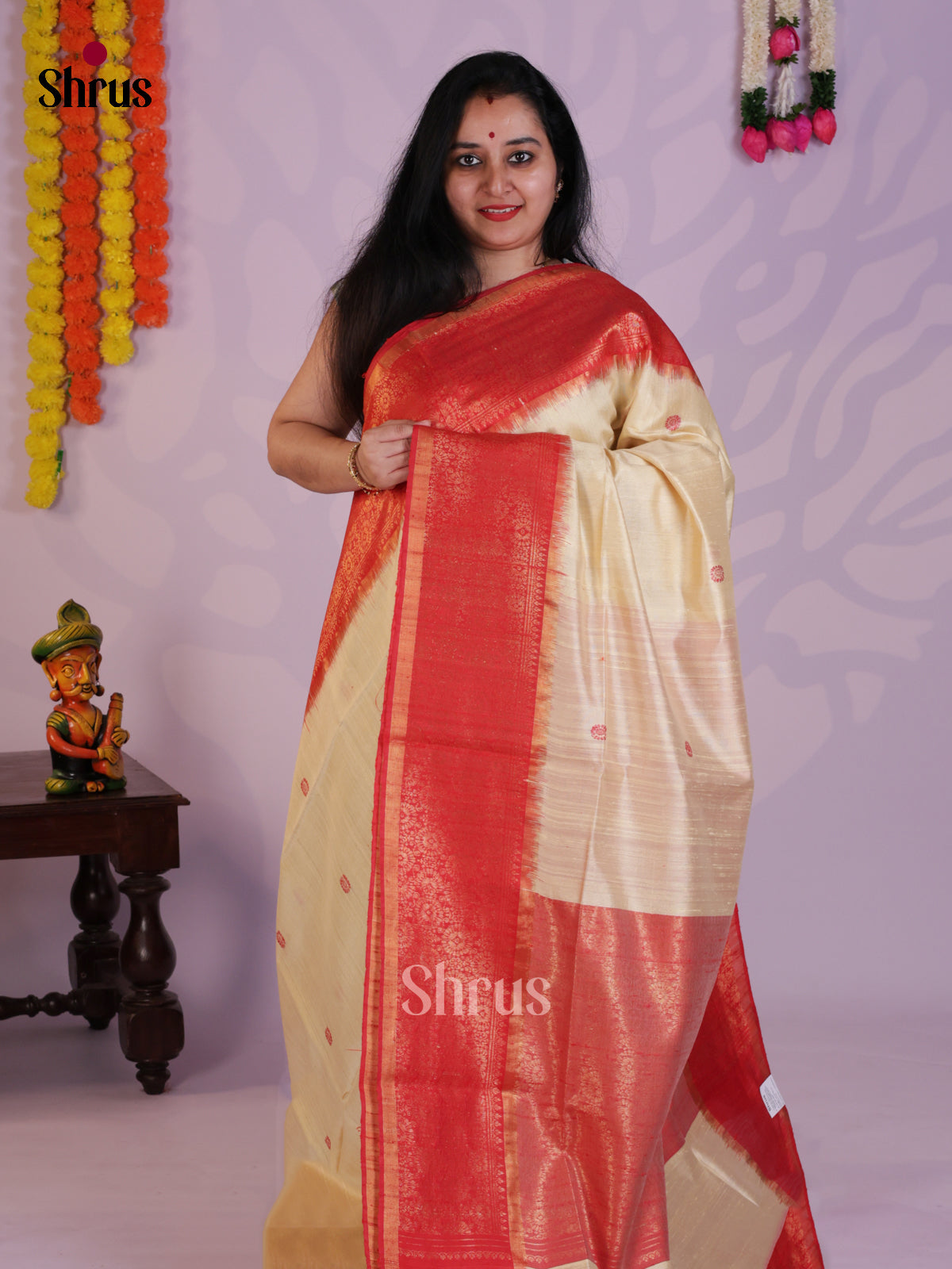 Charming Cream & Orangish Pink Raw Silk Saree with zari border - DLS30025 - Shop on Shrus.com