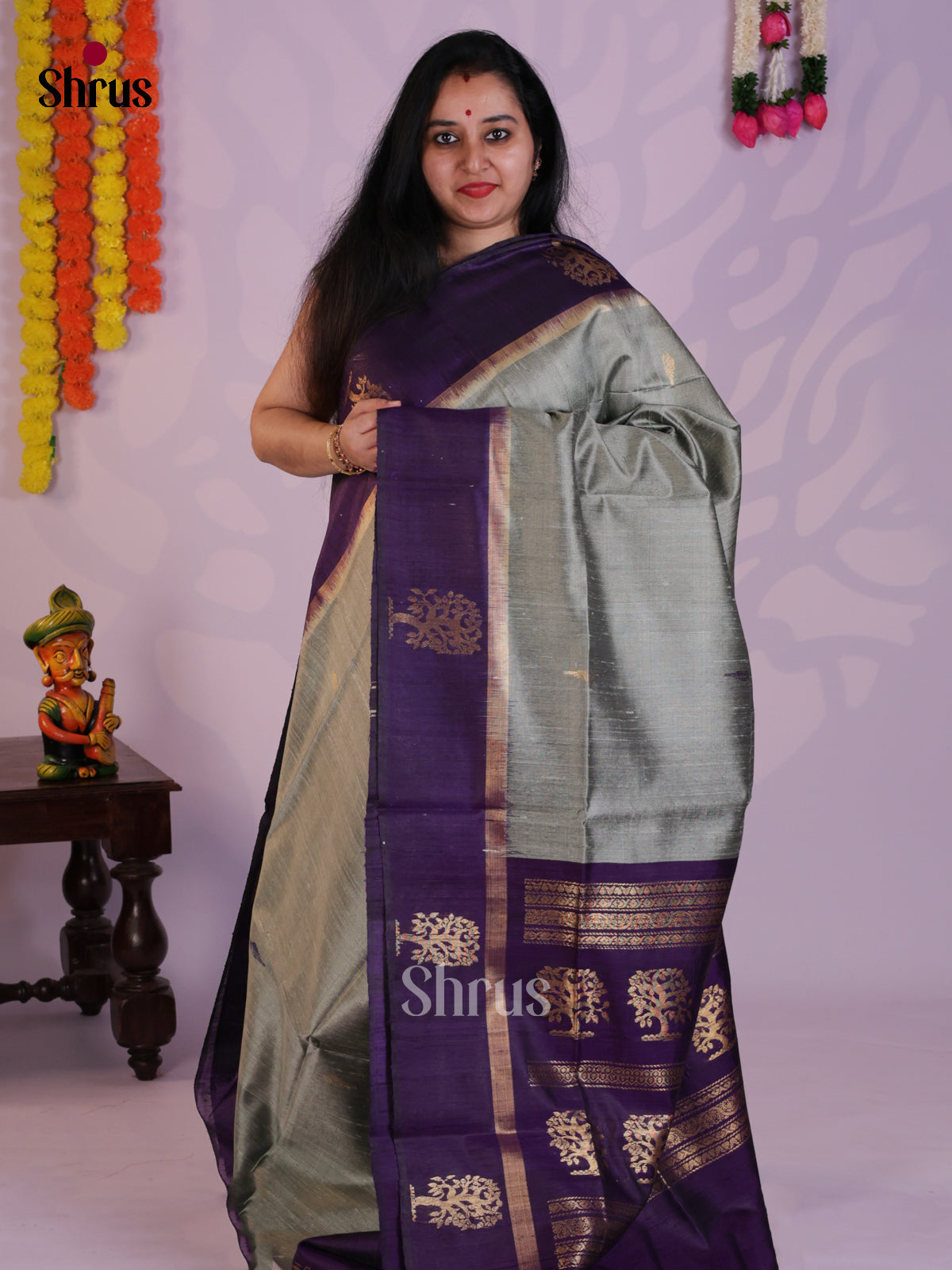 Grey & Blue Raw Silk Saree with contrast zari brocade pallu - DLS30032 - Shop on Shrus.com