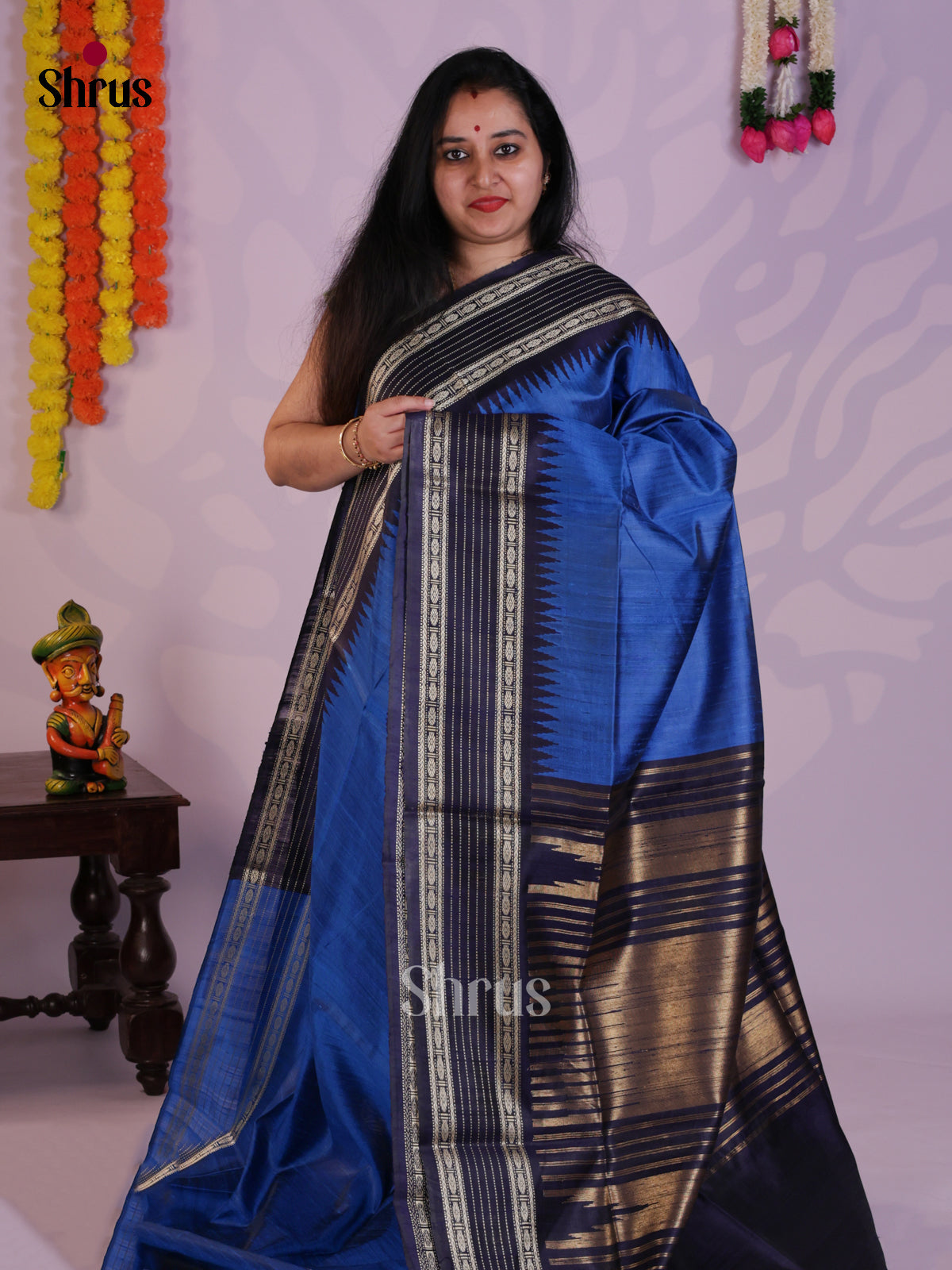 Vibrant Blue & navy Blue Raw Silk Saree  with temple zari border- DLS30039 - Shop on Shrus.com