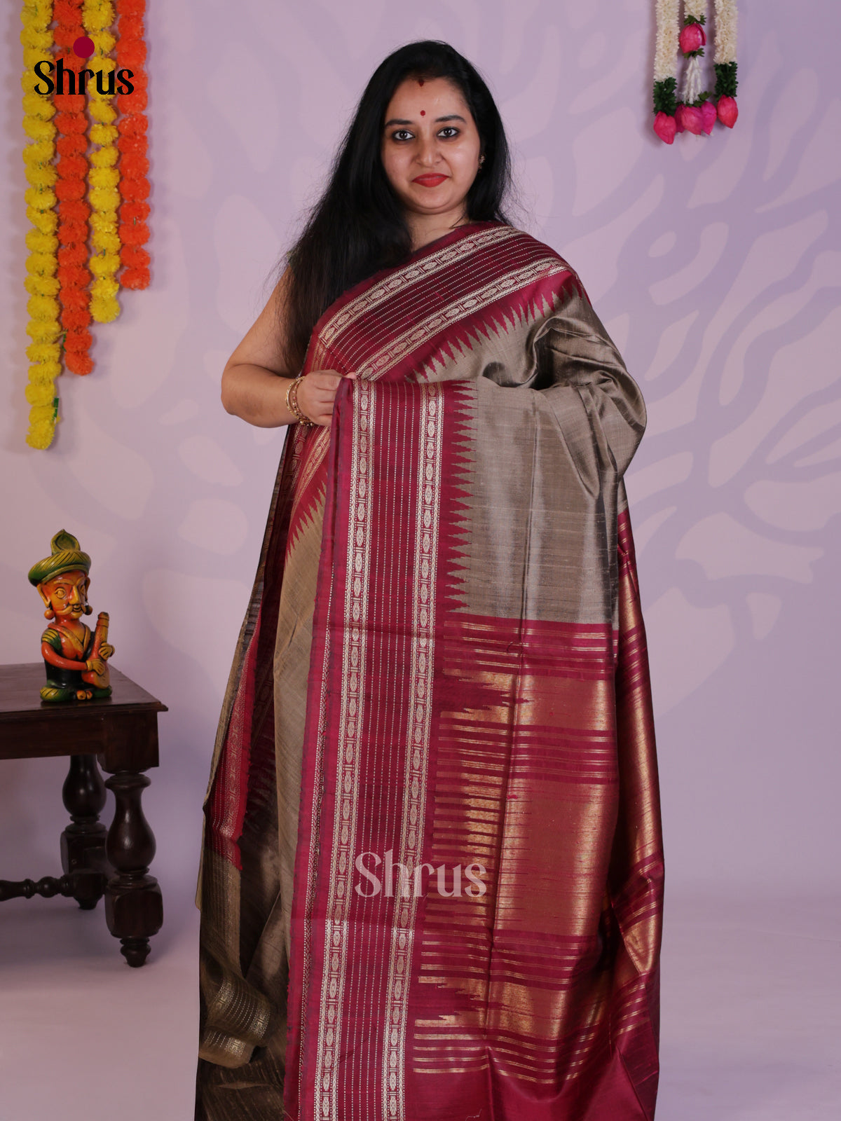 Classy Grey & Maroon Raw Silk Saree with contrast zari border - DLS30040 - Shop on Shrus.com
