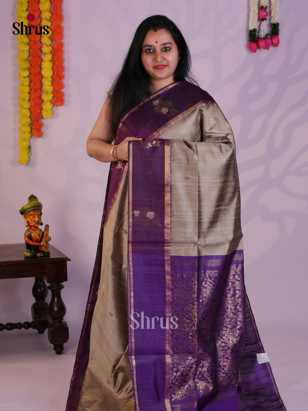 Beautiful Grey & Blue Raw Silk Saree with contrast floral brocade pallu -    DLS30044 - Shop on Shrus.com