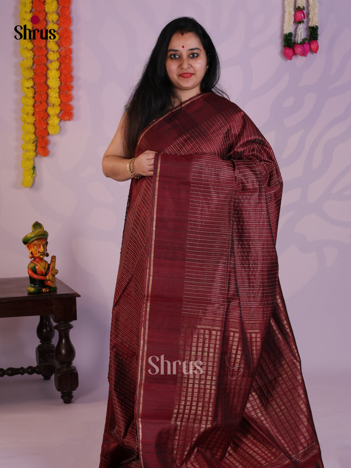 Beautiful Maroon  Raw Silk Saree with zari stripes & Brocade pallu - DLS30053 - Shop on Shrus.com