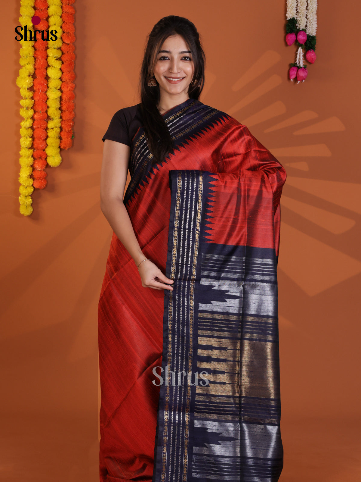 Red & Blue  Raw Silk Saree with contrast zari border - DLS30065