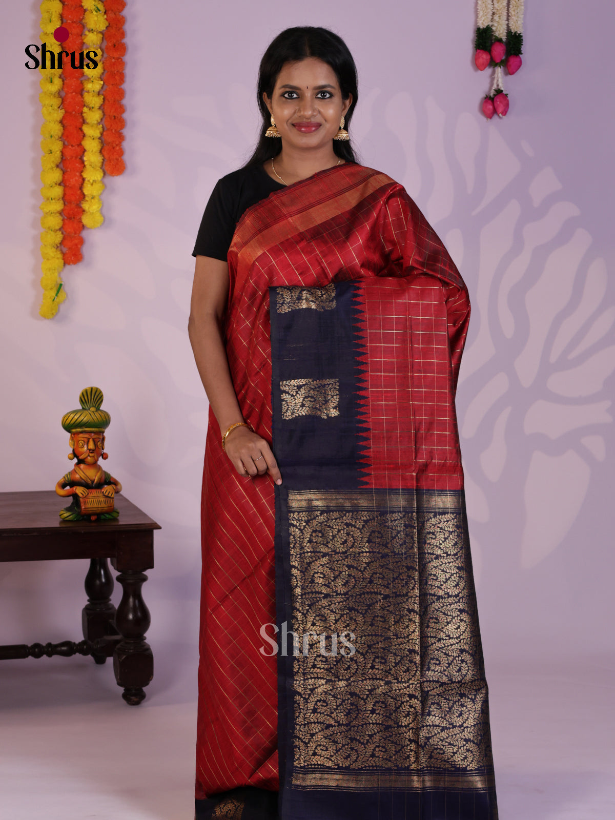 Lustrous Red & Blue  Raw Silk Saree with zari checks & brocade pallu - DLS30074