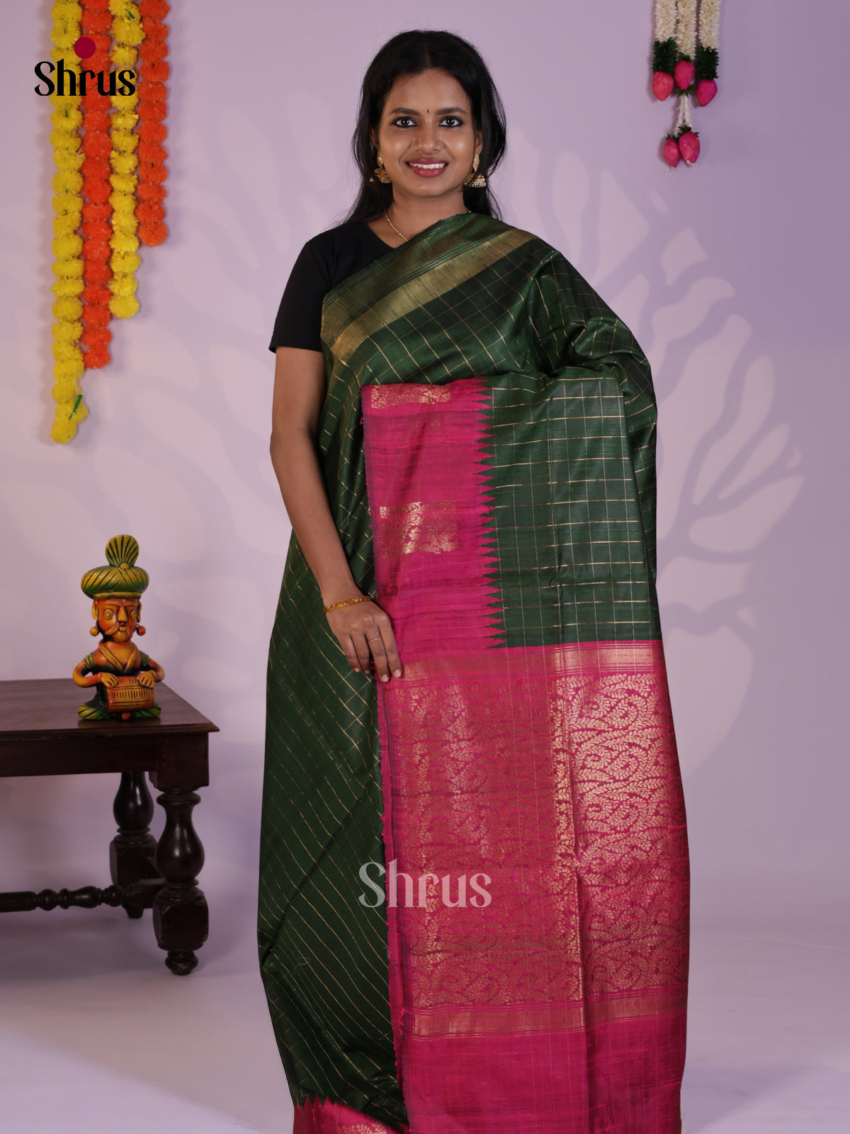 Elegant Green & Majenta Raw Silk Saree with zari checks & contrast Border -DLS30075