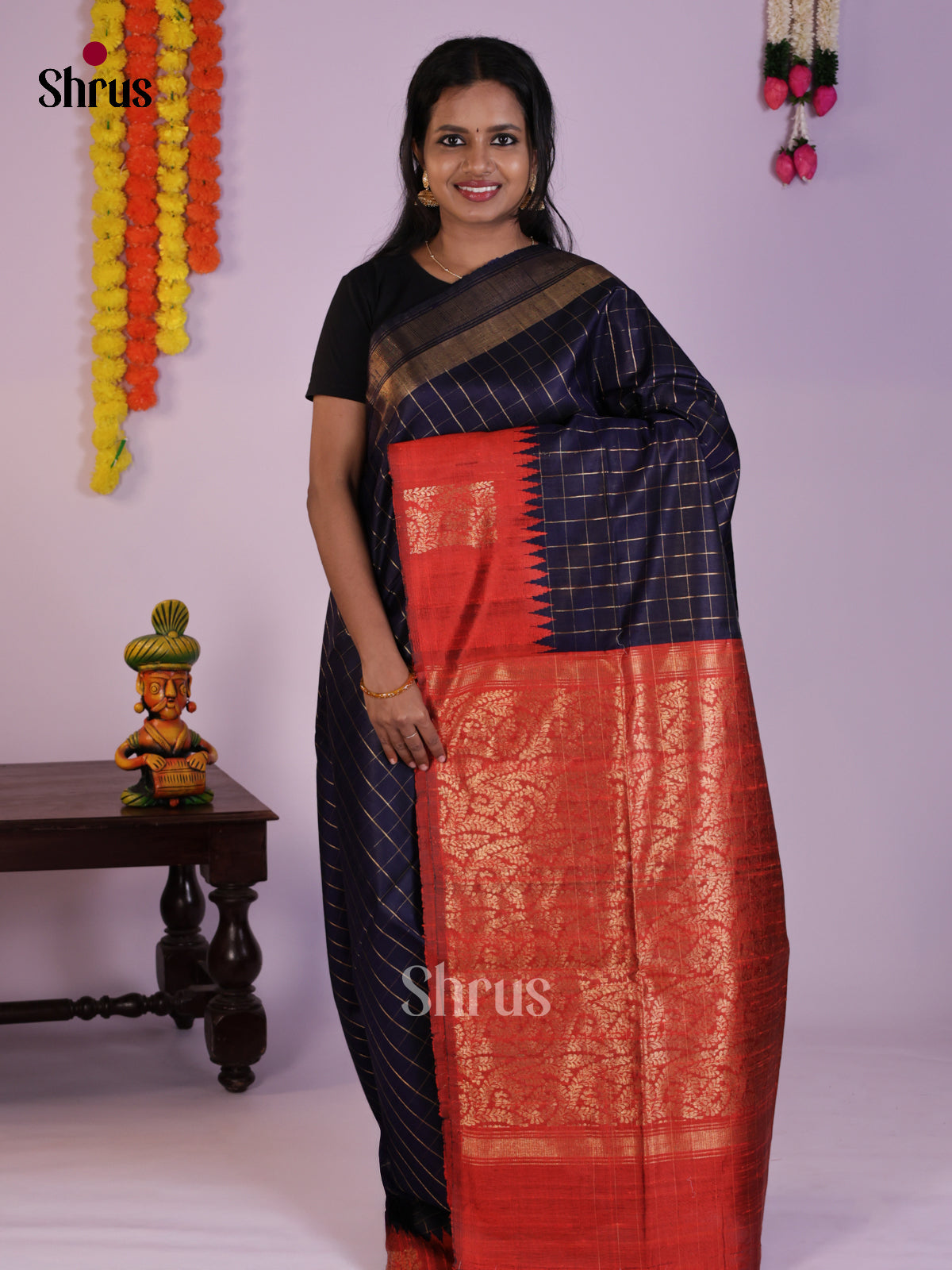 Graceful Navy Blue & Red   Raw Silk Saree with zari checks , brocade pallu  -DLS30076