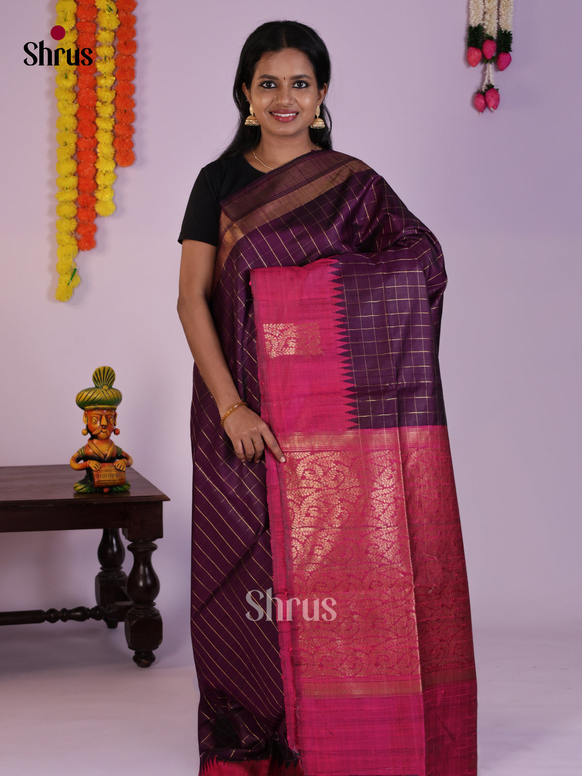 Gorgeous Violet  Raw Silk Saree with zari checks & Contrast Border - DLS30077