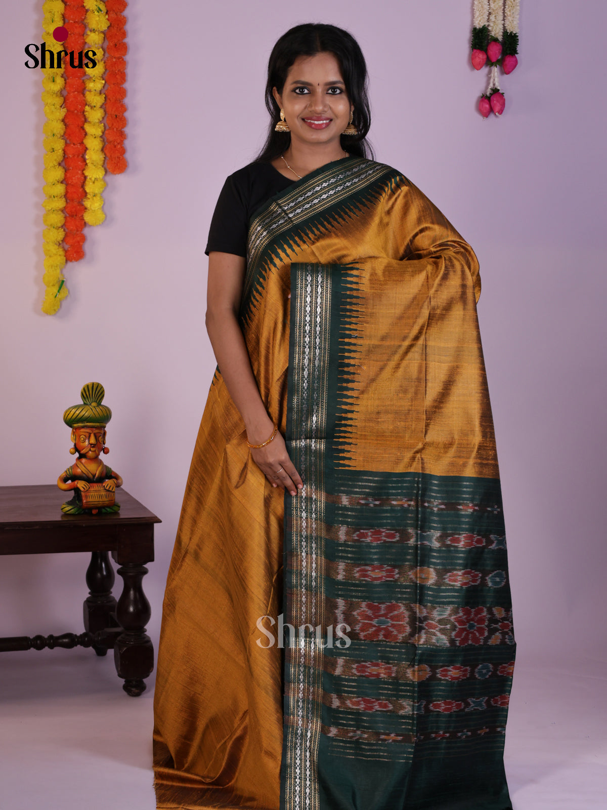 Glorious Muastardy Green & Green Raw Silk Saree with contrast temple zari border -DLS30079