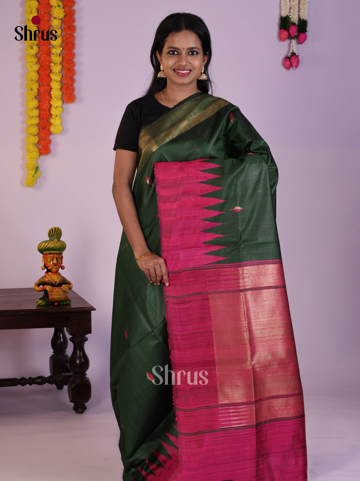 Classy Green & Maroon Raw Silk Saree with temple border-  DLS30090