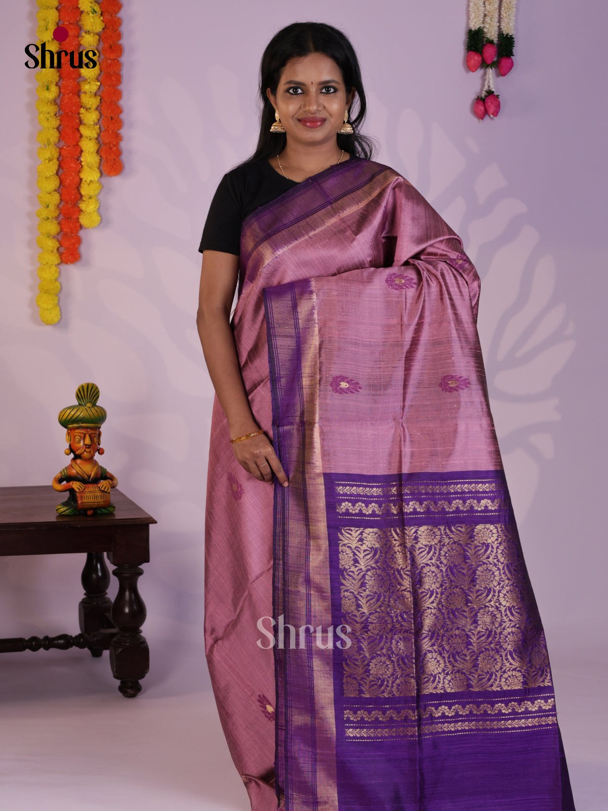 Exquisite Lavender & Violet  Raw Silk Saree with thread buttas & zari border - DLS30097