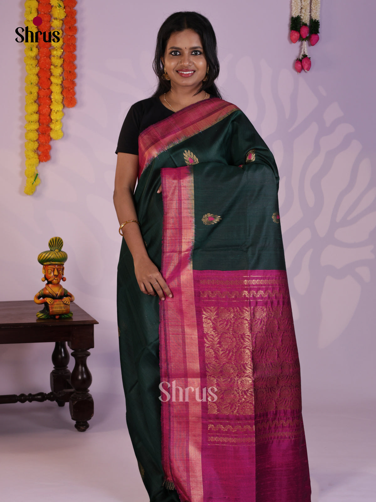 Classy Green & Purple Raw Silk Saree with zari buttas & brocade pallu- DLS30100