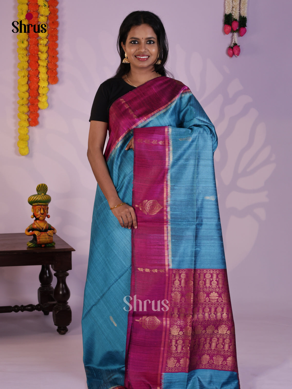 Elegant Blue & Purple Raw Silk Saree with zari buttas -  DLS30110