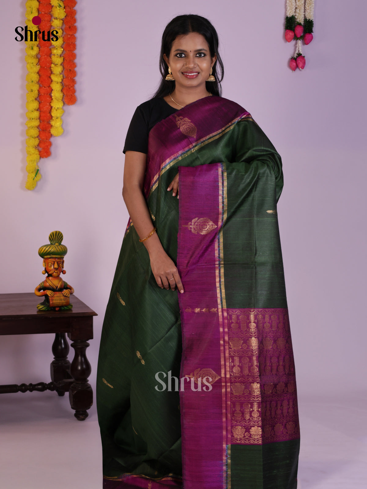 Classy Green & Purple  Raw Silk Saree with gold zari buttas - DLS30113