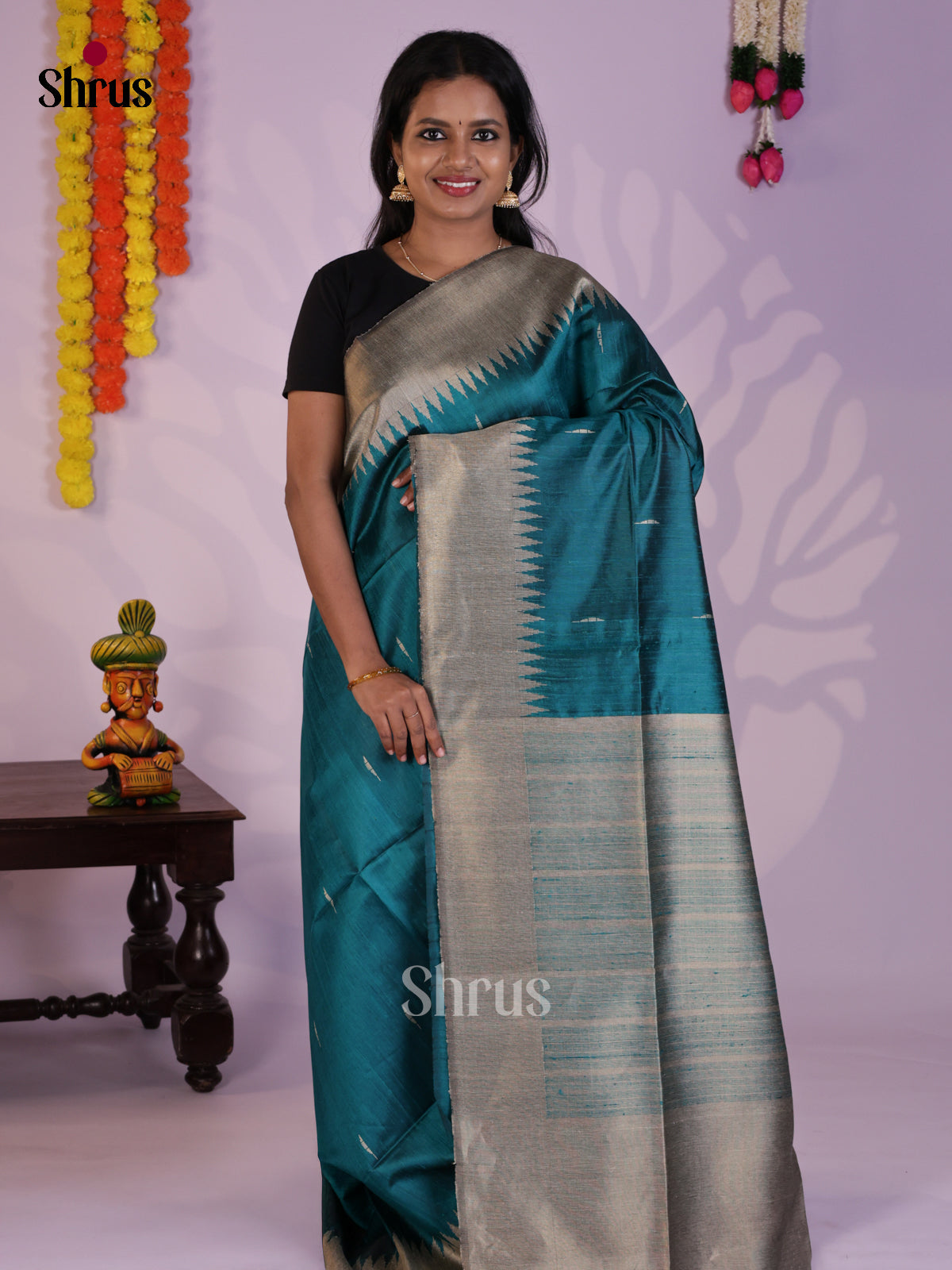 Vibrant Blue & Grey Raw Silk Saree with zari buttas- DLS30119