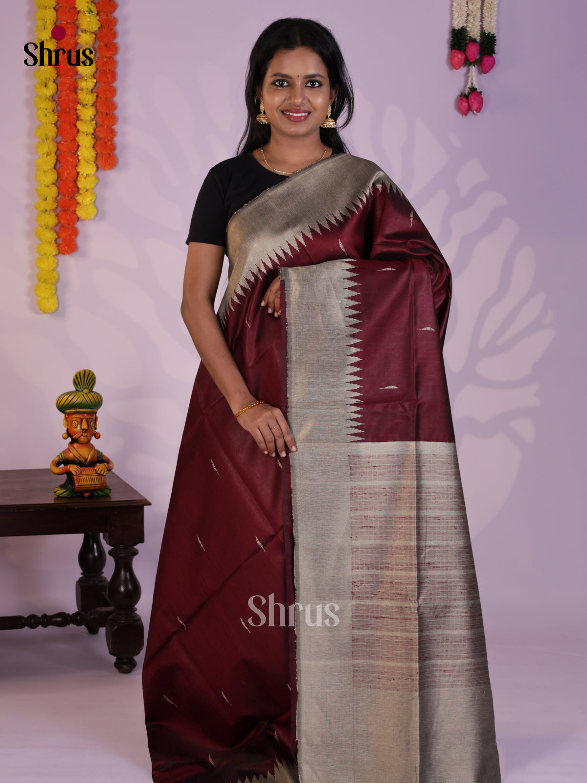 Classy Maroon & Grey Raw Silk Saree  with contrast woven border - DLS30121