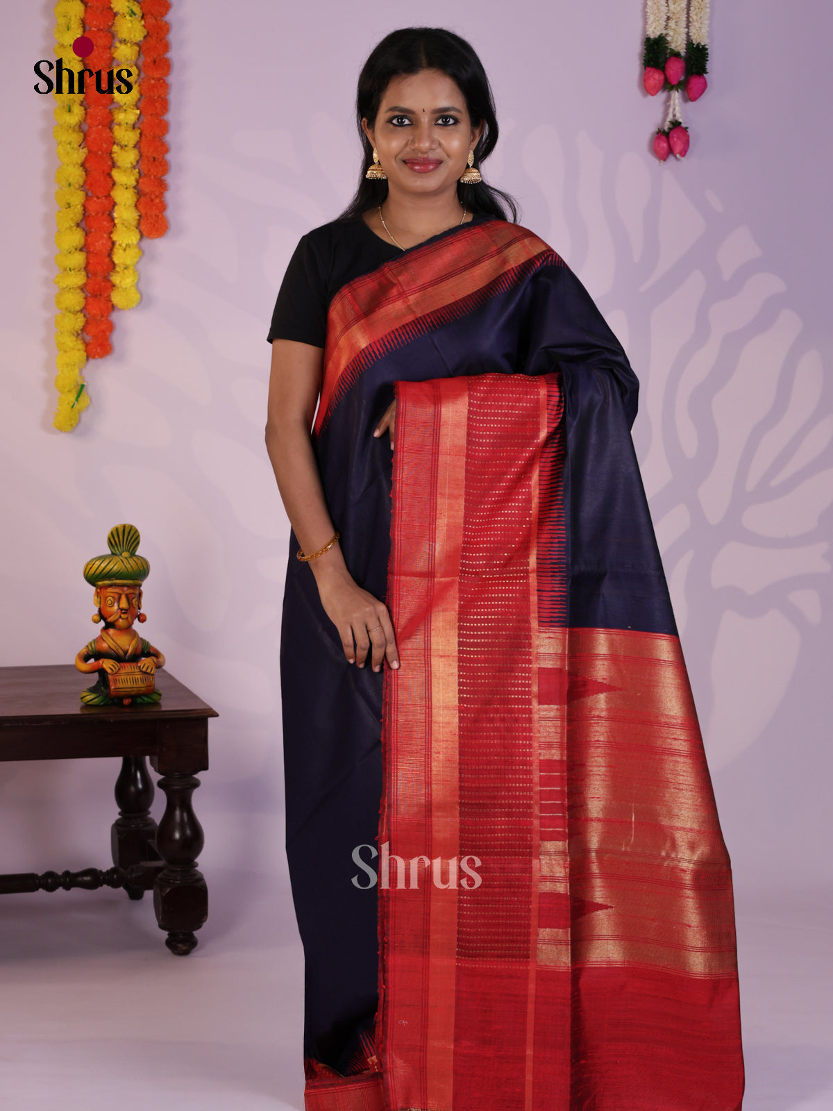 Regal blue & red Raw Silk Saree with cotrast zari border - DLS30129