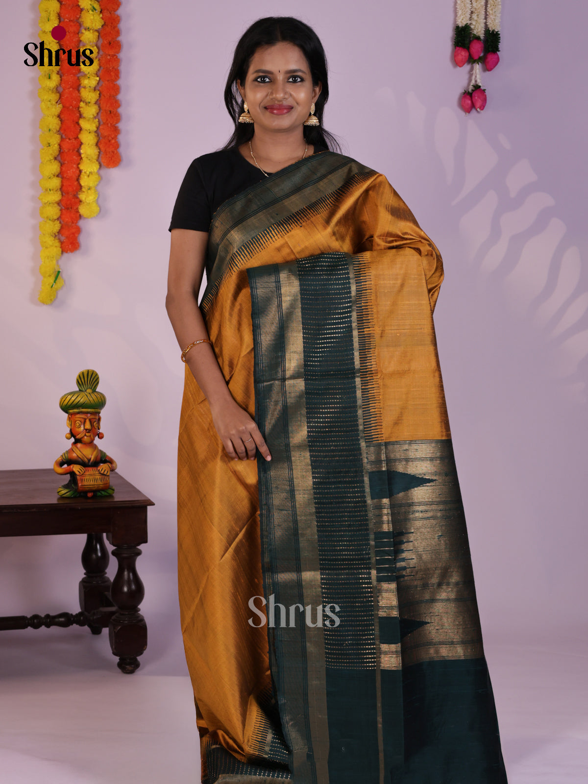 Bright Mustard & Green  Raw Silk Saree with contrast border- DLS30130