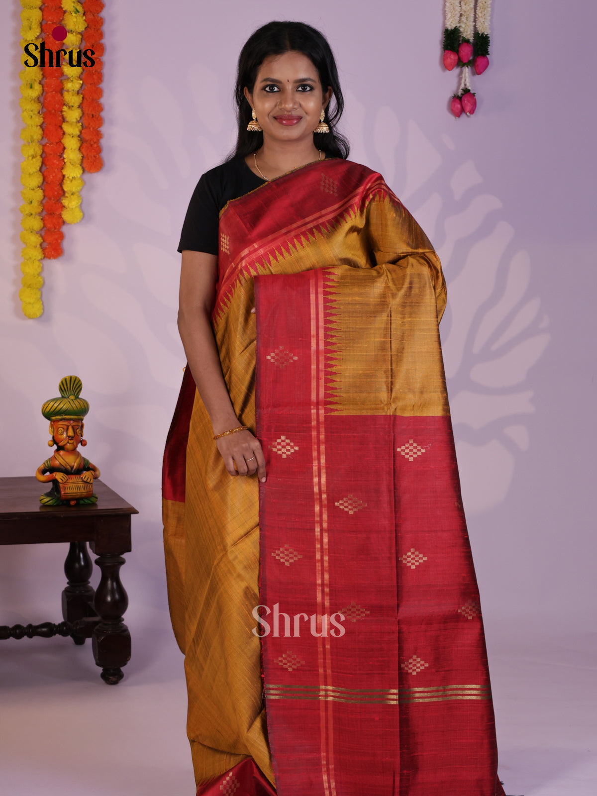 Glorious Mustard & Red Raw Silk Saree with contrast border - DLS30134