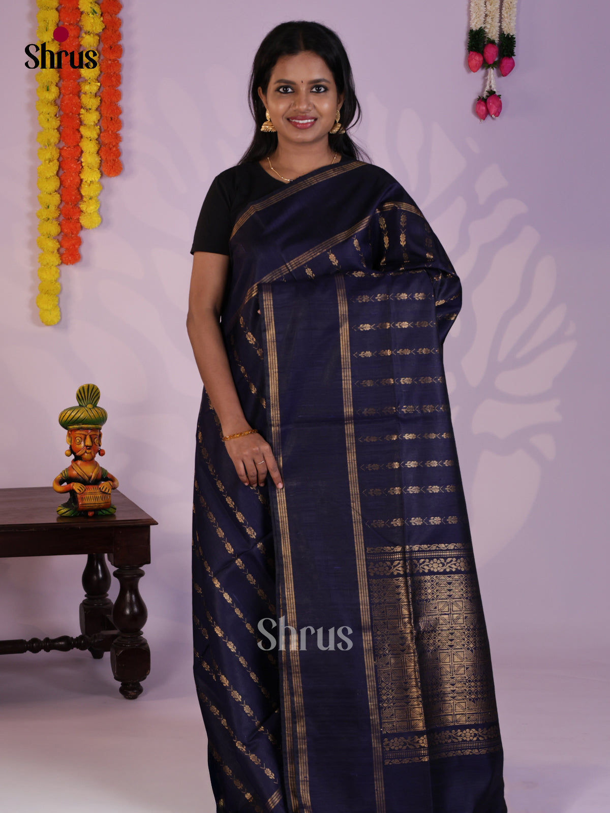 Vibrant Navy Blue Raw Silk Saree with zari buttas-  DLS30142