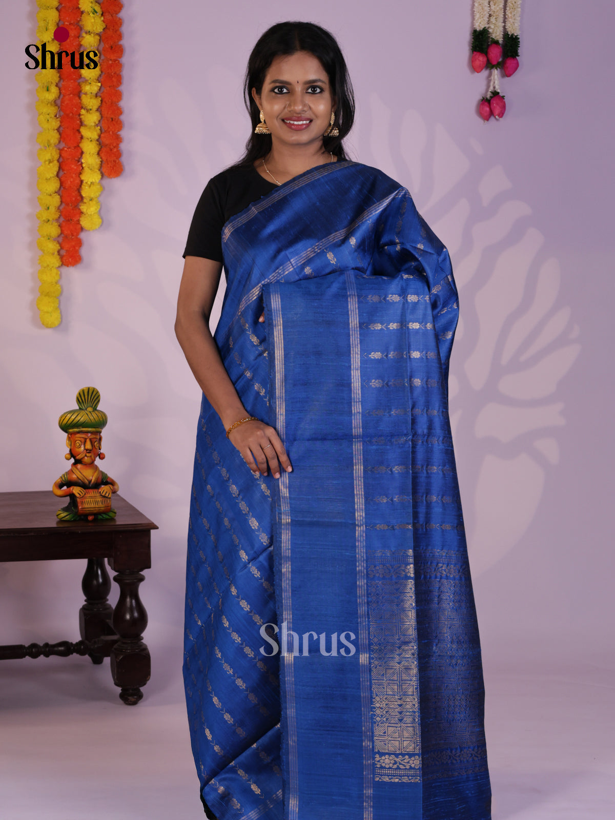 Royal Blue Raw Silk Saree with zari buttas - DLS30145