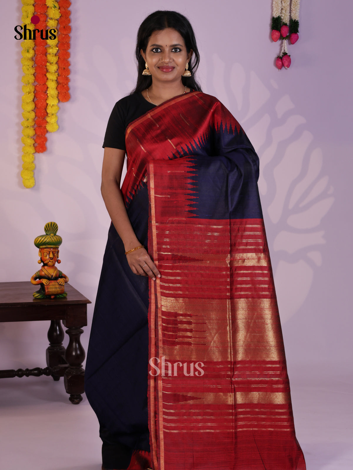 Regal Blue & Red  Raw Silk Saree with zari border - DLS30155