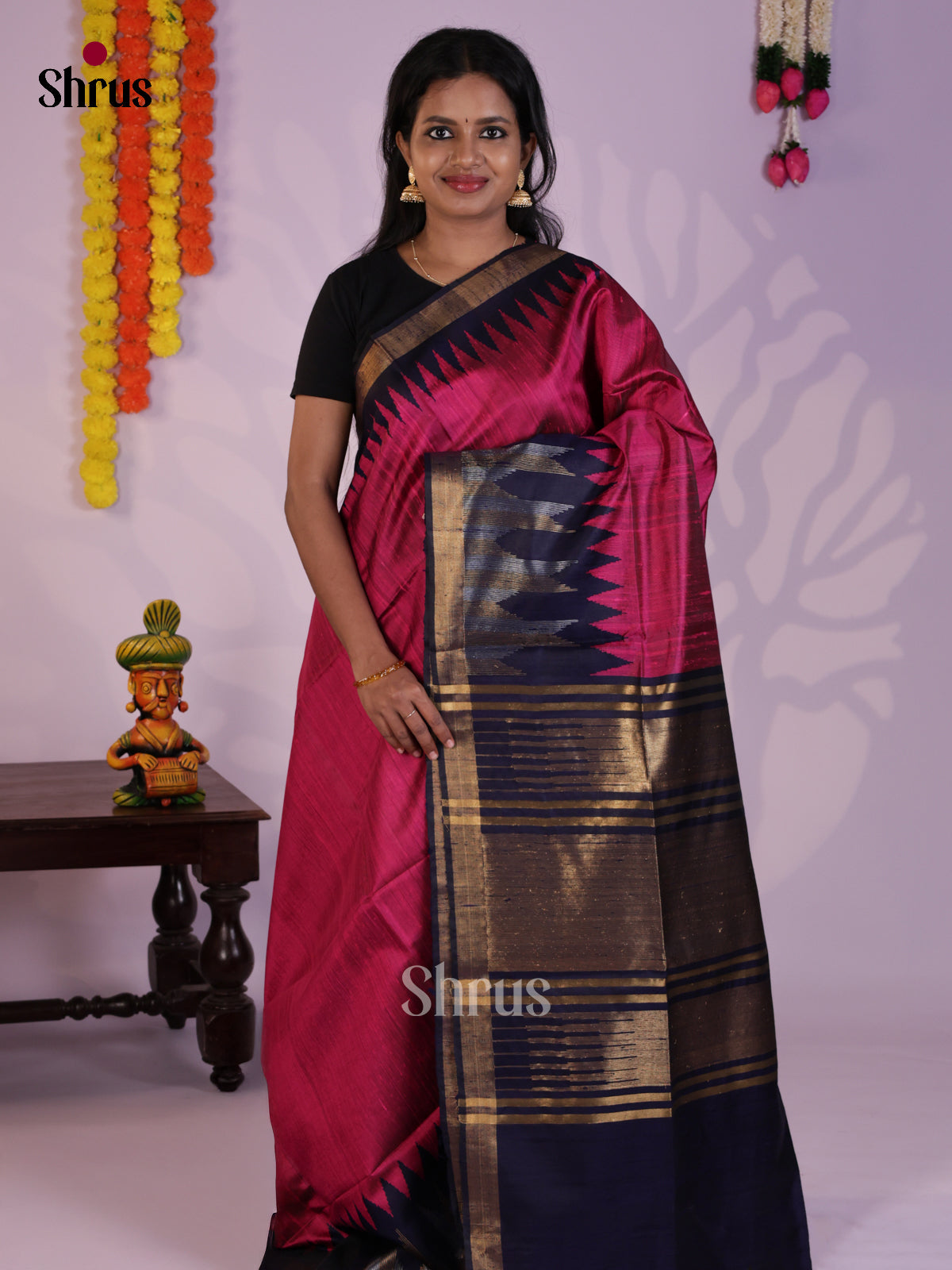 Charming Pink & Blue  Raw Silk Saree with contrast temple zari border -DLS30163