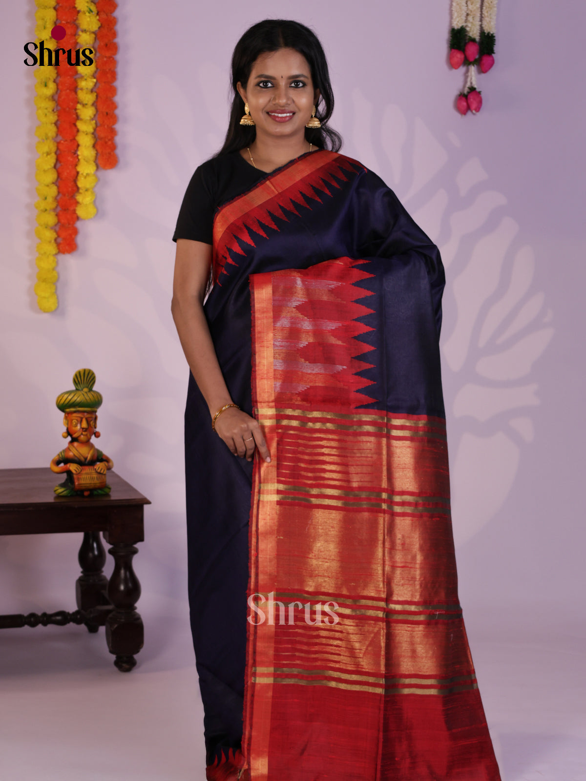 Vibrant Blue & Red  Raw Silk Saree with contrast temple zari border - DLS30165