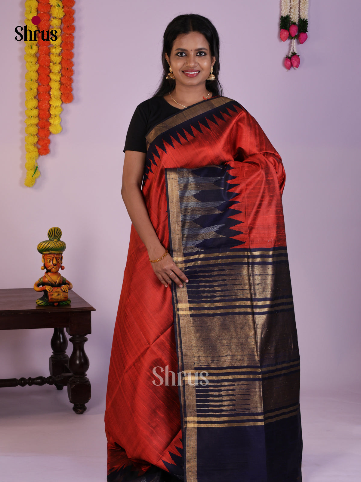 Very Pretty Red & Blue Raw Silk Saree  with temple zari border - DLS30166