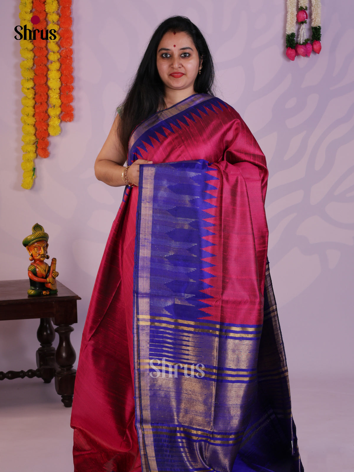 Classy Wine & Blue   Raw Silk Saree with temple border -DLS30168