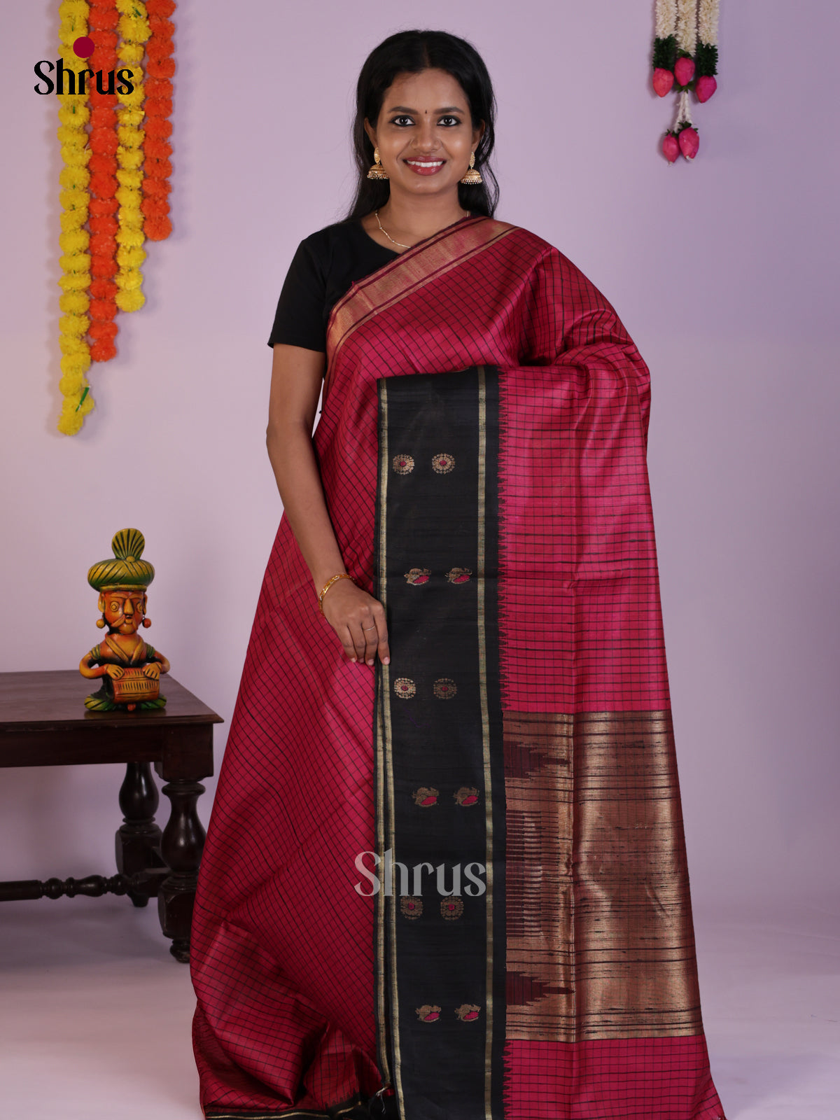 Beautiful Pink & Black Raw Silk Saree  with checkered pattern - DLS30173 - Shop on Shrus.com
