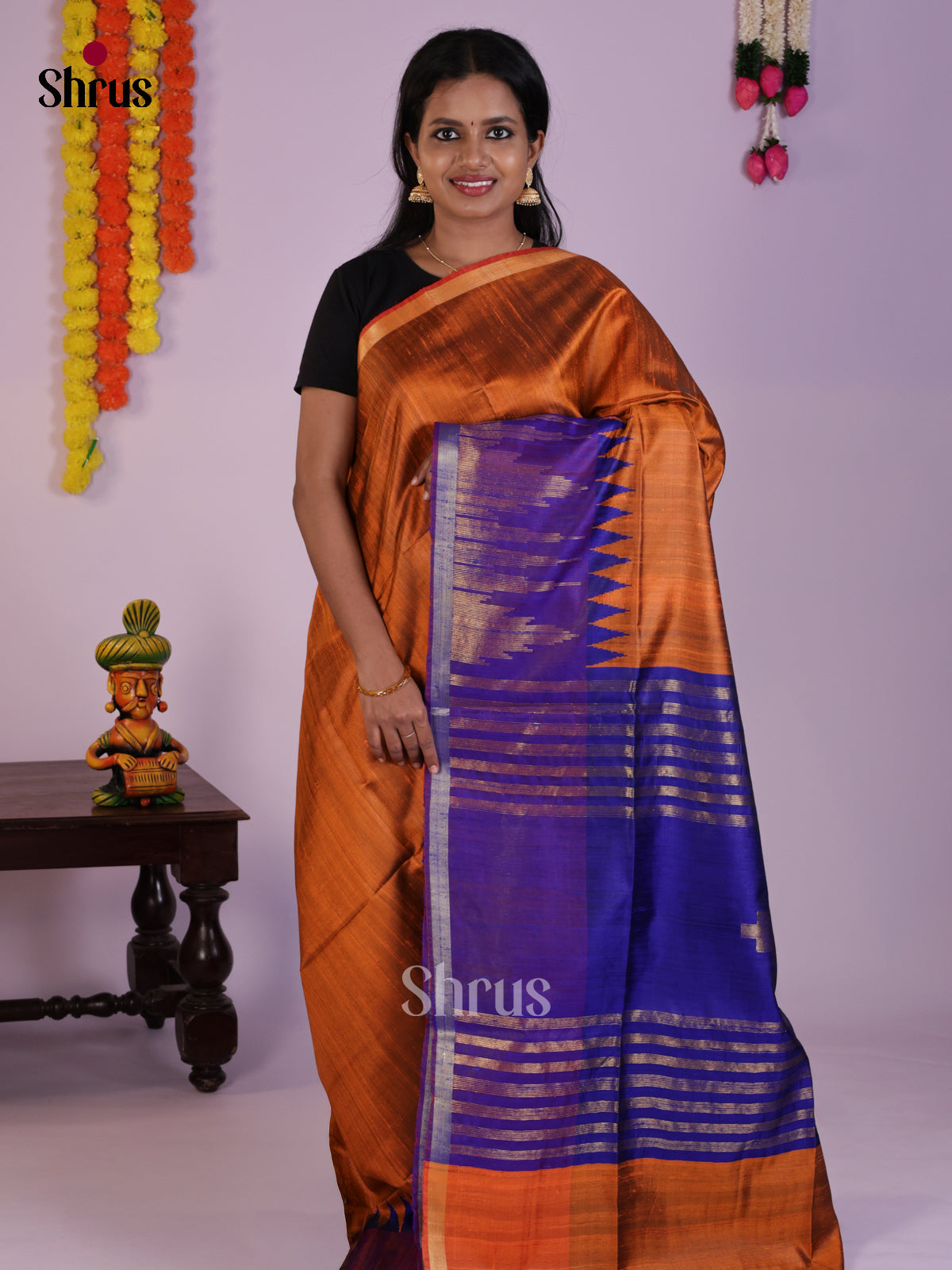 Chic Orange & Blue Raw Silk Saree with contrast temple border  -DLS30183