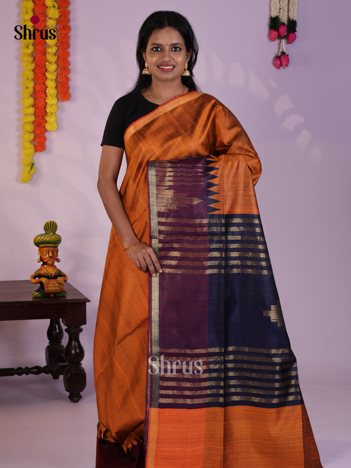 Radiant Orange Blue  Raw Silk Saree with temple border- DLS30186