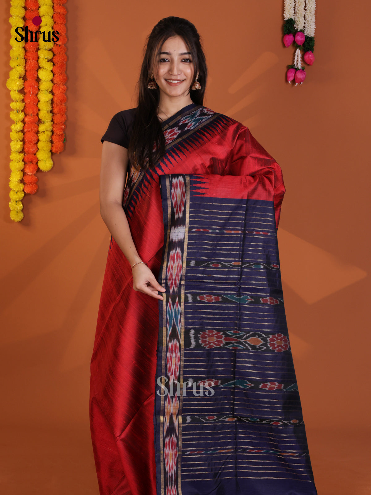 Pretty Red & Blue  Raw Silk Saree with ikkat border -DLS30197