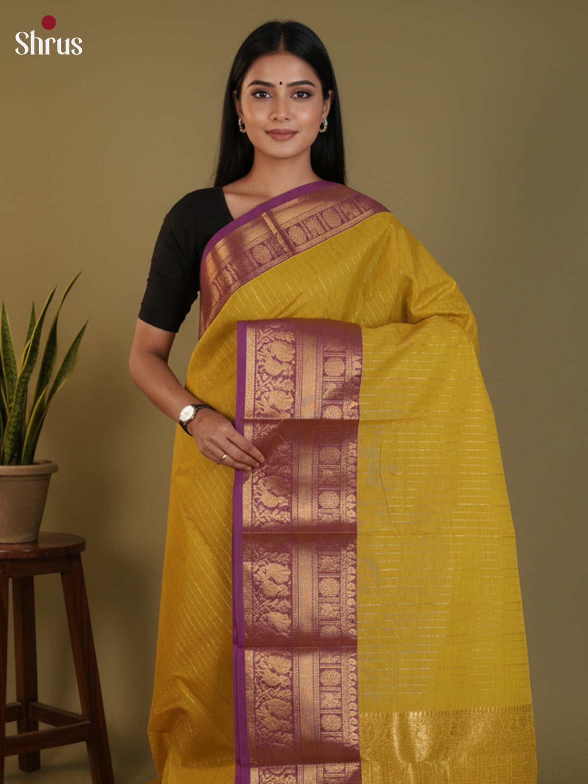 Mustardy Green & Purple- Chettinad Cotton Saree -DLS30235 - Shop on Shrus.com