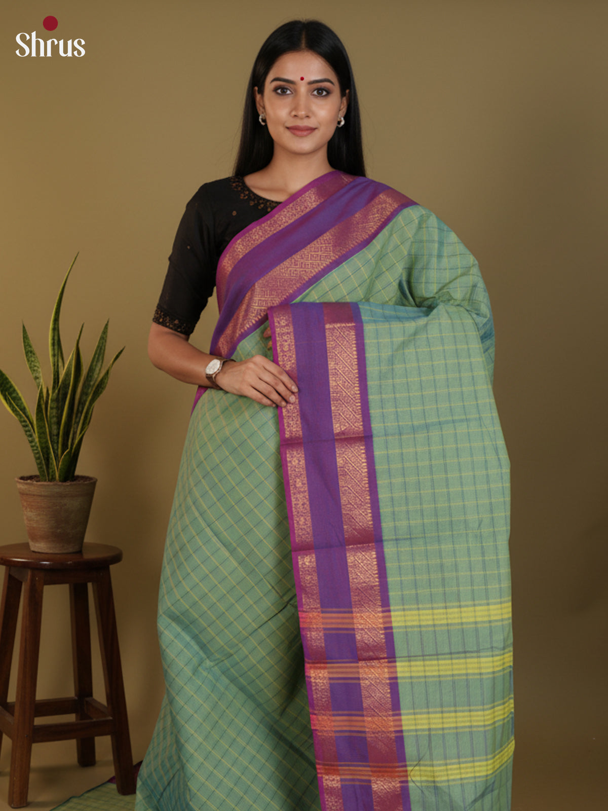 Pista Green & Purple  - Chettinad Cotton Saree-DLS30247 - Shop on Shrus.com