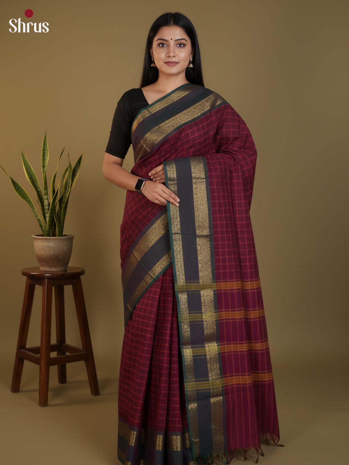 Maroon & Green  - Chettinad Cotton Saree- DLS30249 - Shop on Shrus.com