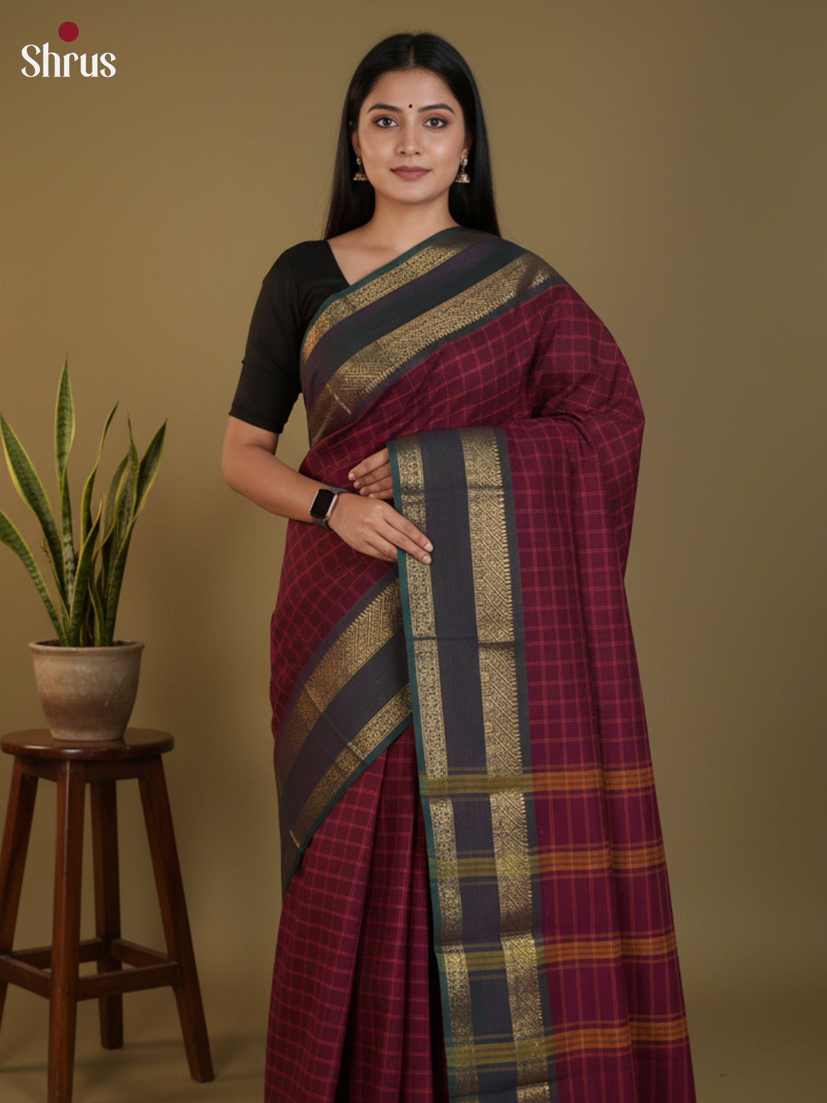 Maroon & Green  - Chettinad Cotton Saree- DLS30249 - Shop on Shrus.com