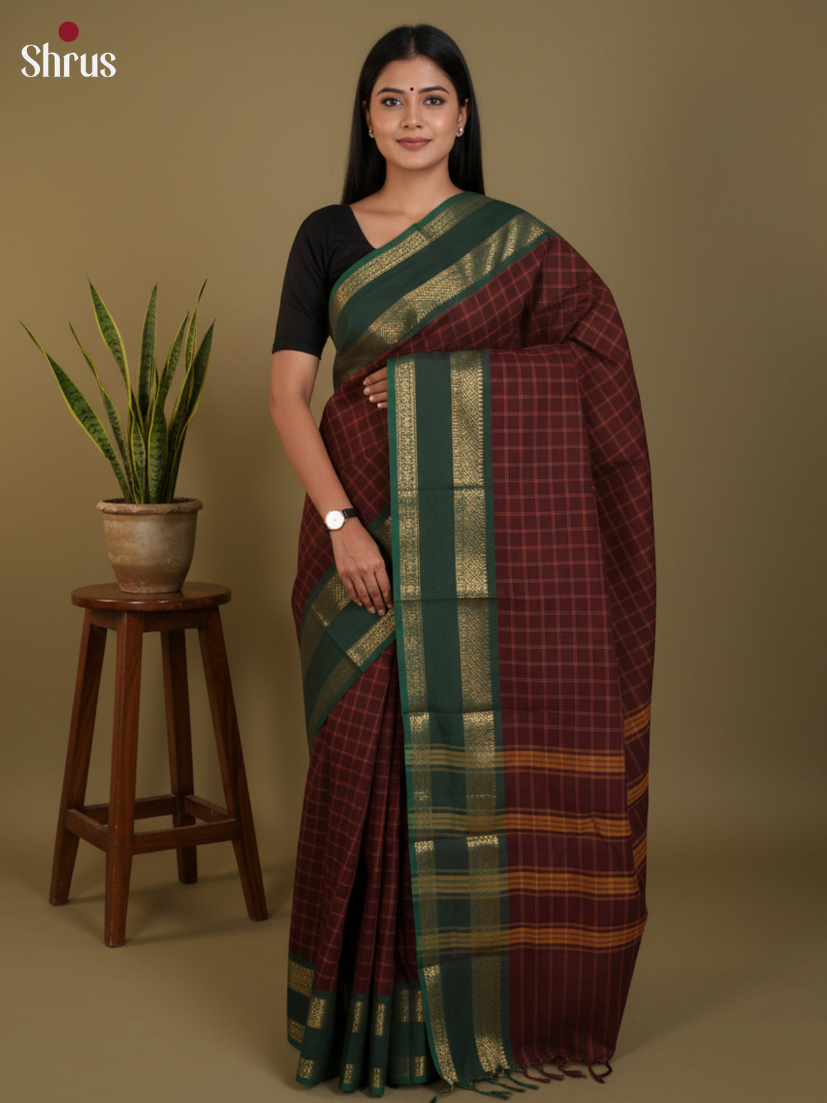 Maroon & Green  - Chettinad Cotton Saree- DLS30253 - Shop on Shrus.com