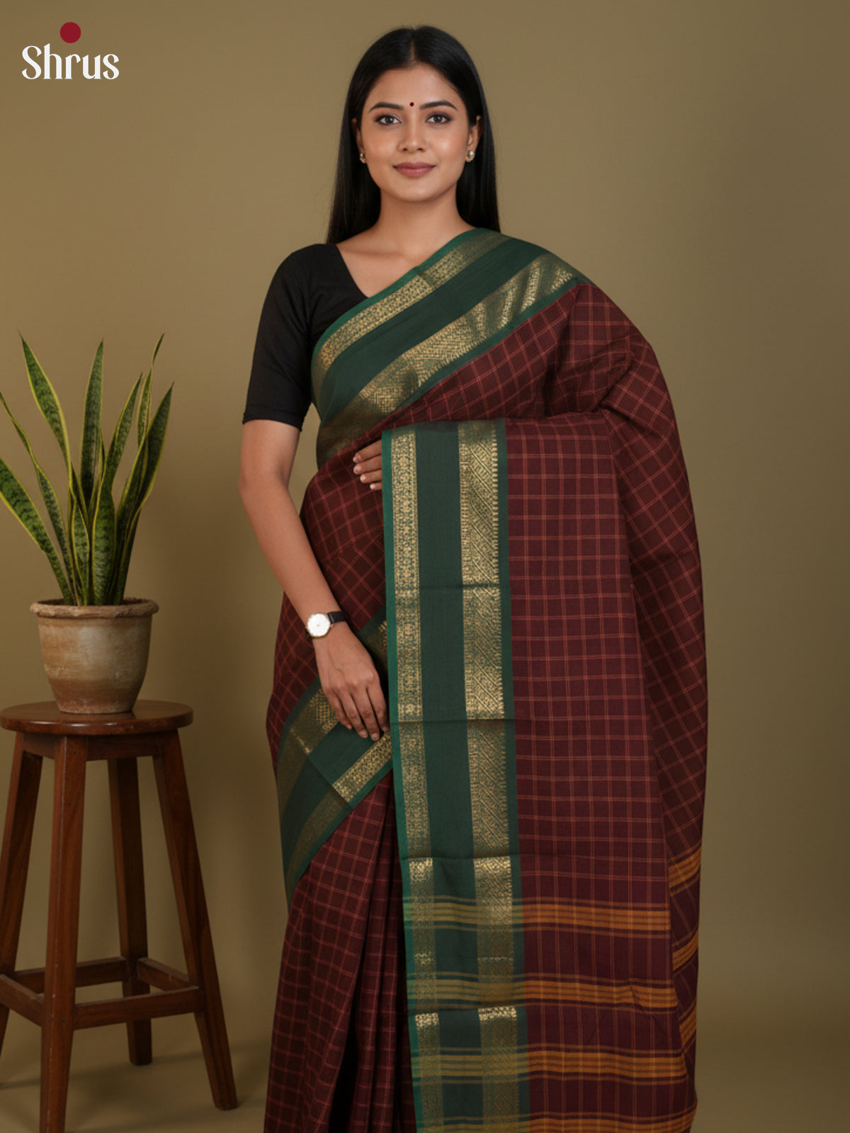 Maroon & Green  - Chettinad Cotton Saree- DLS30253 - Shop on Shrus.com