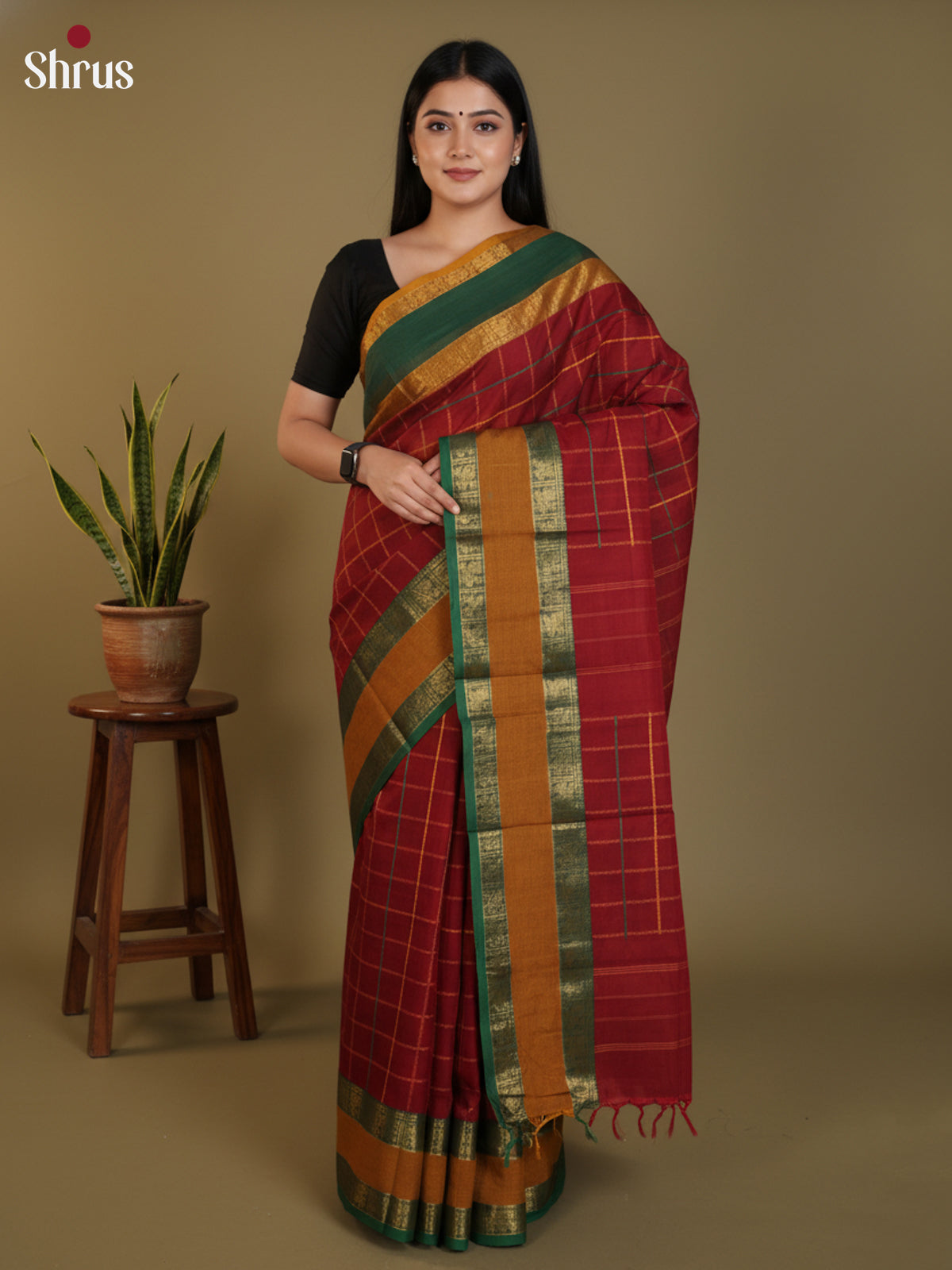 Maroon & Green  - Chettinad Cotton Saree- DLS30271 - Shop on Shrus.com