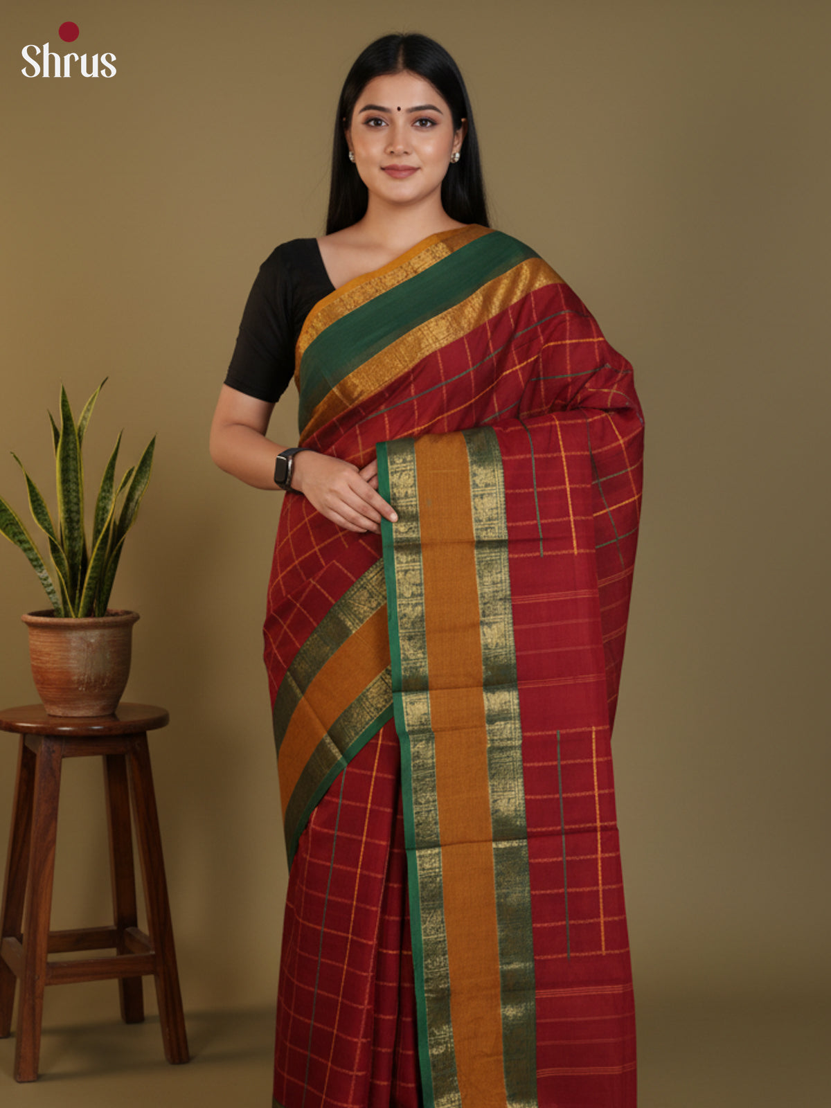 Maroon & Green  - Chettinad Cotton Saree- DLS30271 - Shop on Shrus.com