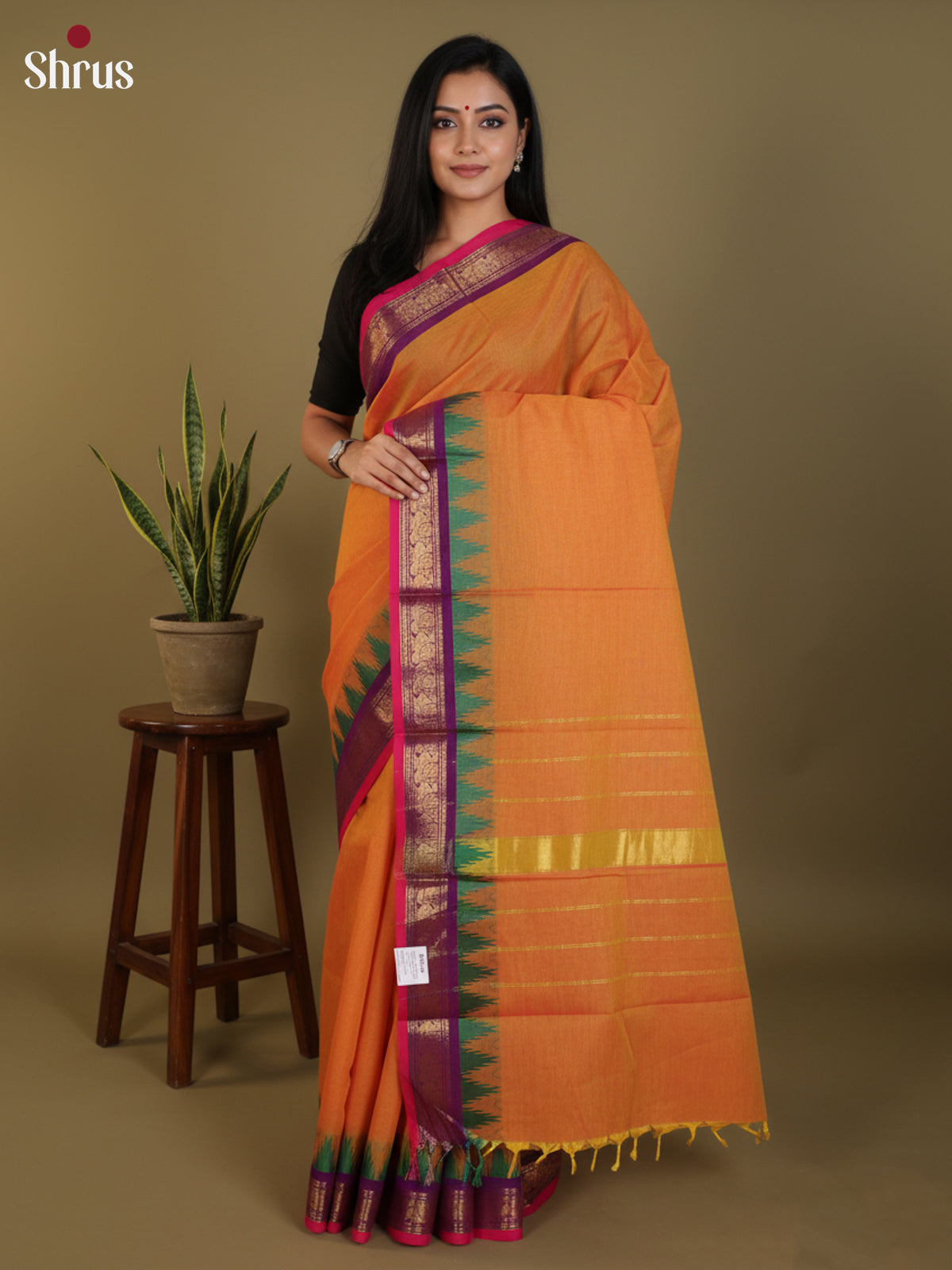 Orange & Purple  - Chettinad Cotton Saree- DLS30279 - Shop on Shrus.com