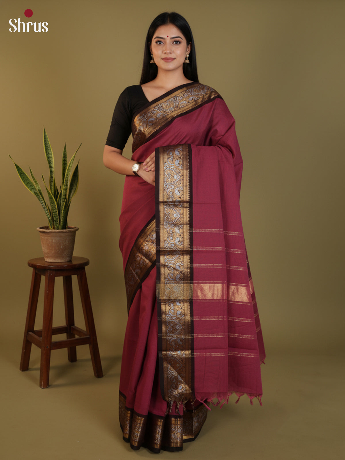 Maroon & Black  - Chettinad Cotton Saree- DLS30286 - Shop on Shrus.com