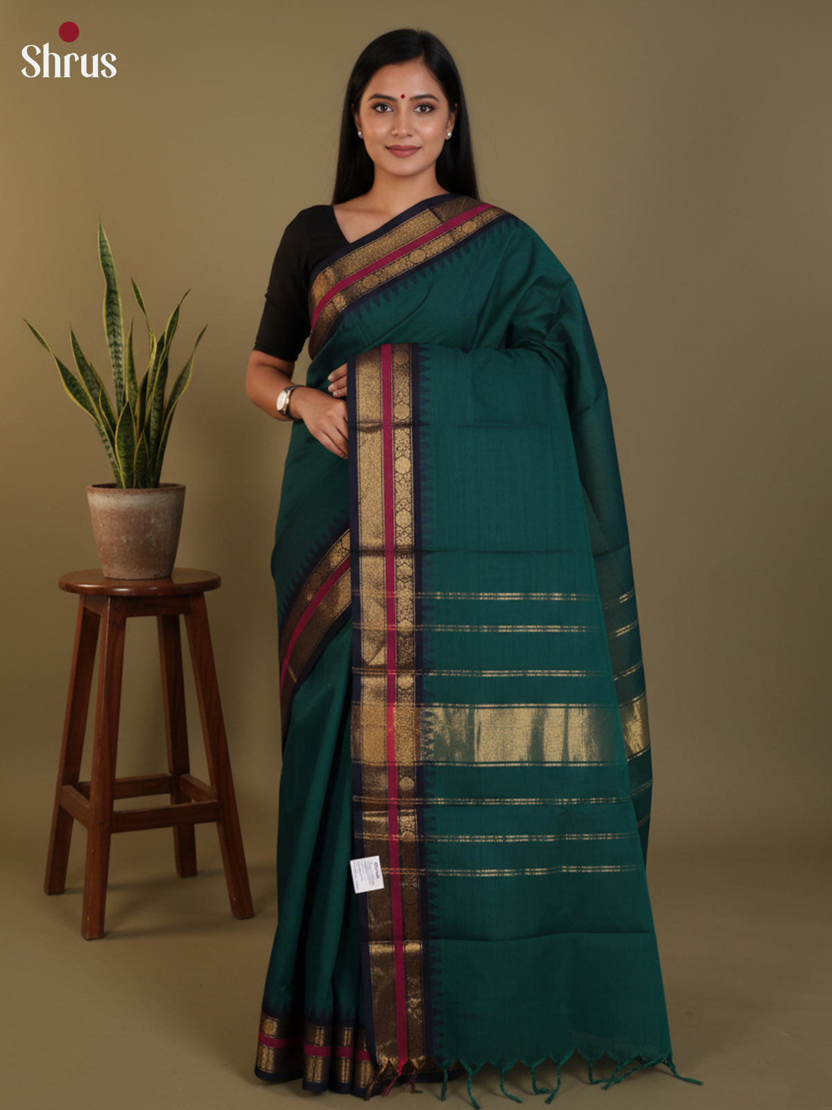 Peacock Green & Blue  - Chettinad Cotton Saree- DLS30295 - Shop on Shrus.com