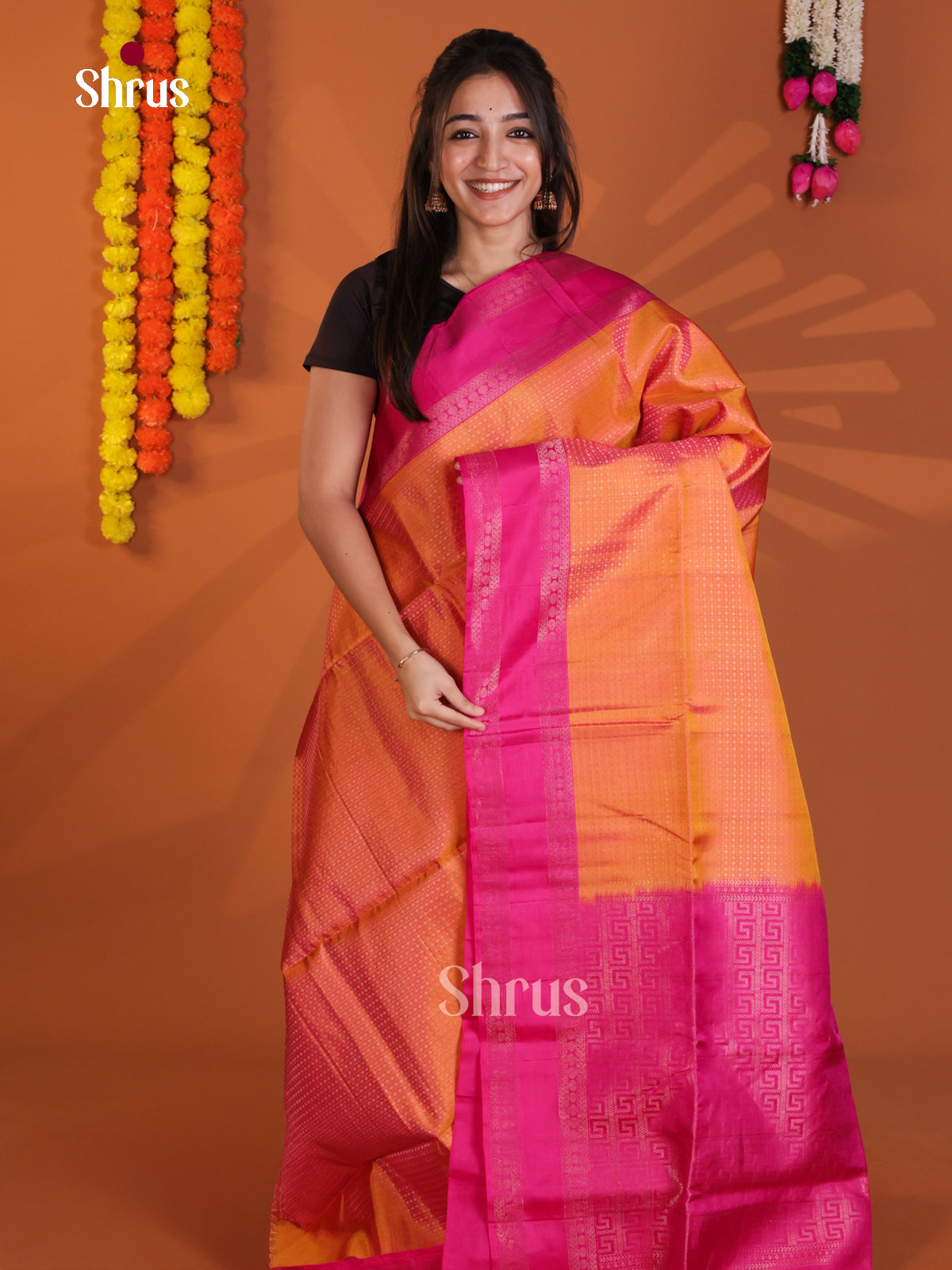 Radiant Orange & Pink  Soft Silk Saree with zari checks, buttas & Rettaipet zari border - Shop on Shrus.com