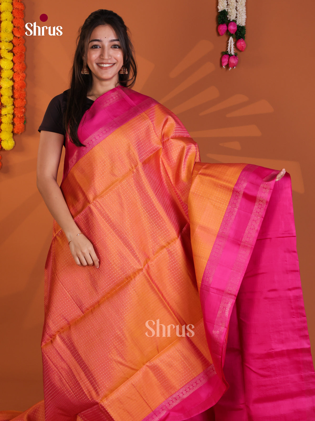 Radiant Orange & Pink  Soft Silk Saree with zari checks, buttas & Rettaipet zari border - Shop on Shrus.com